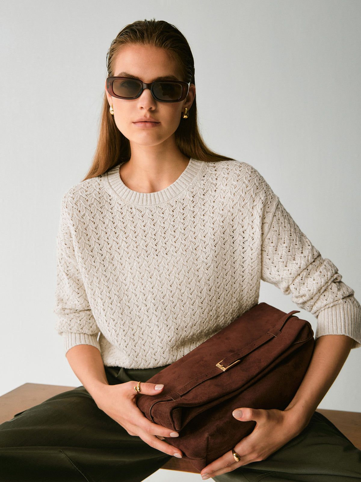 LONG SLEEVE CREW NECK OPEN KNIT SWEATER