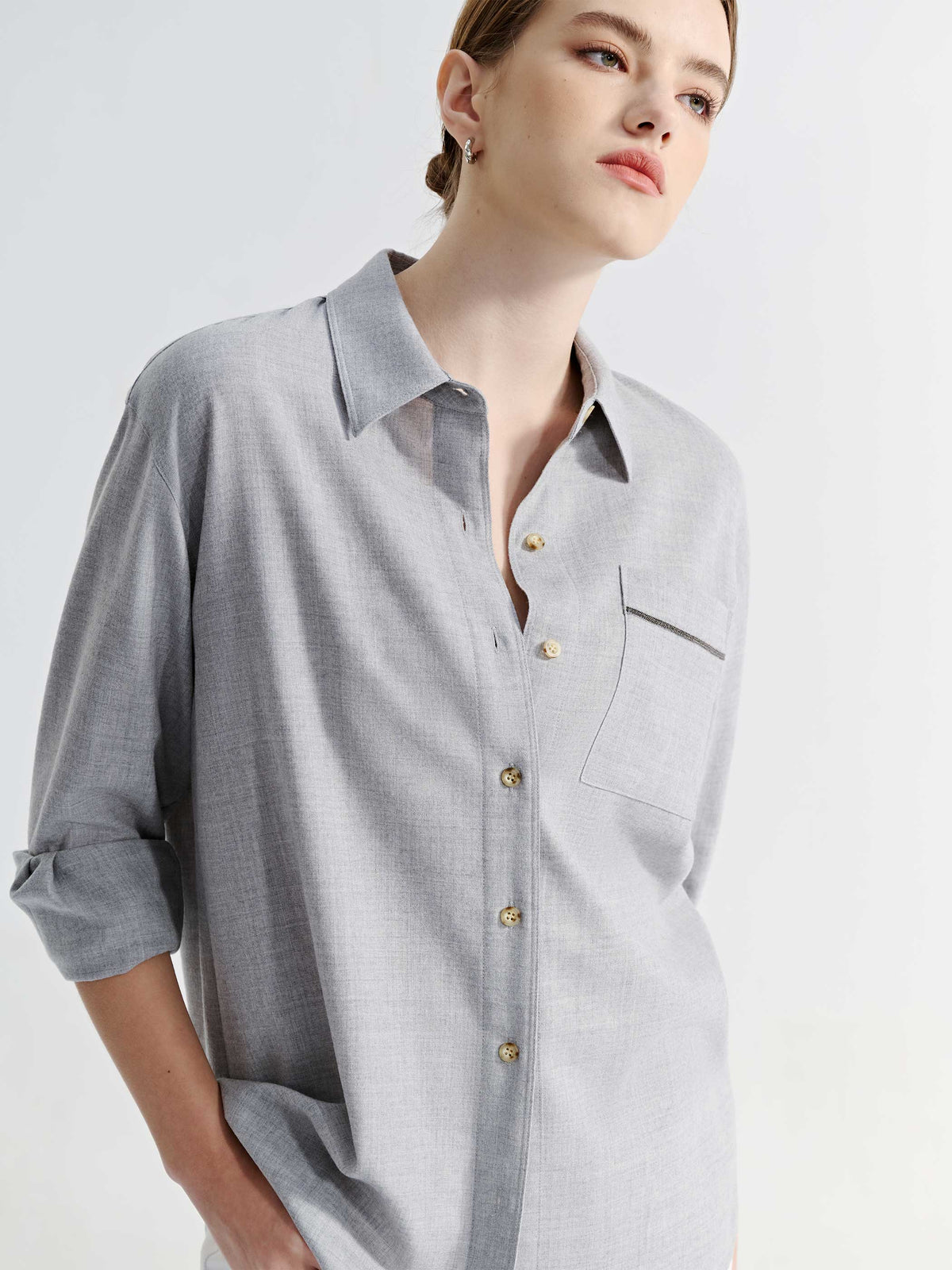 WOOL LONG SLEEVE BUTTON DOWN BLOUSE W/ TRIM DETAIL