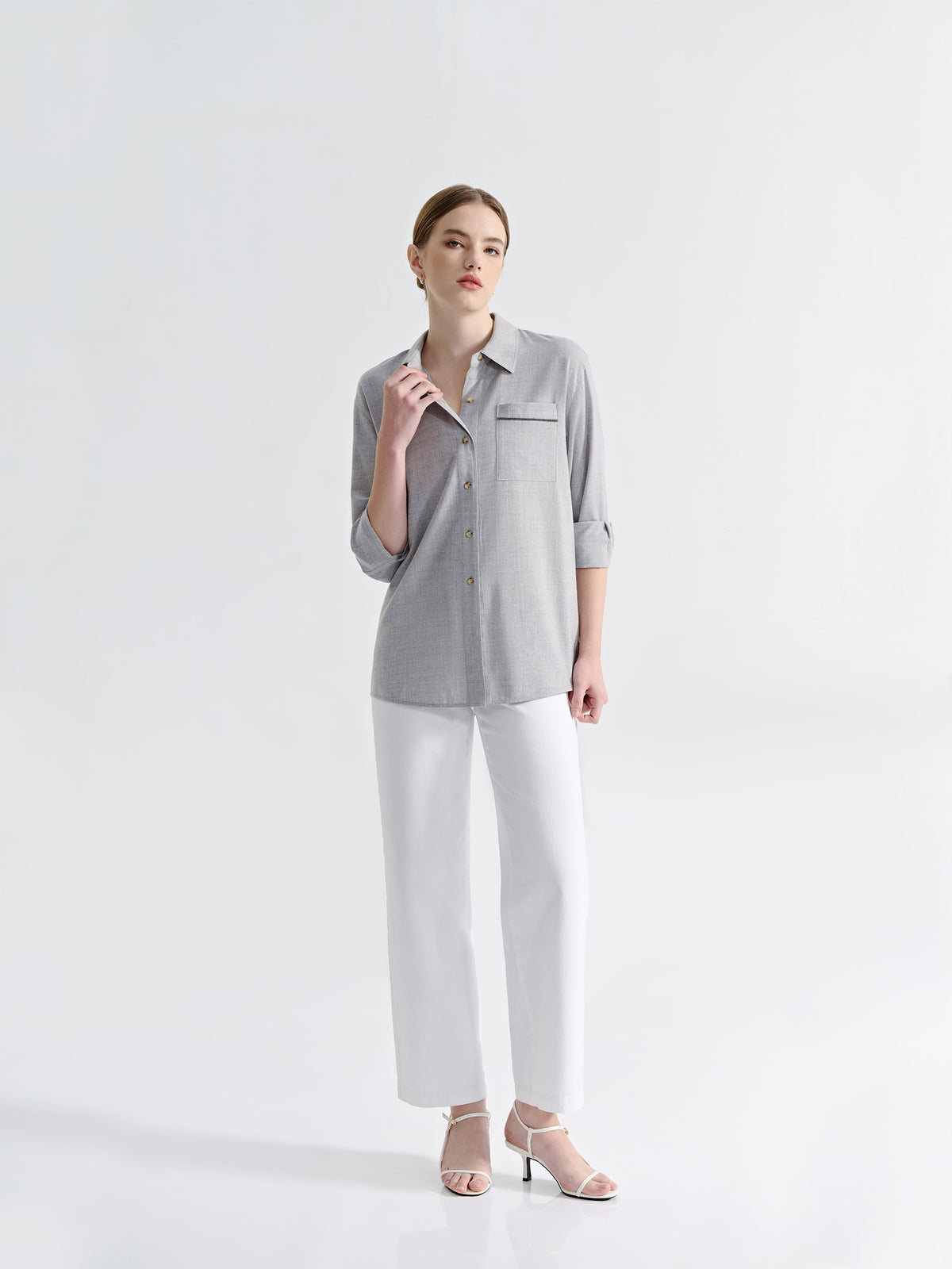 WOOL LONG SLEEVE BUTTON DOWN BLOUSE W/ TRIM DETAIL