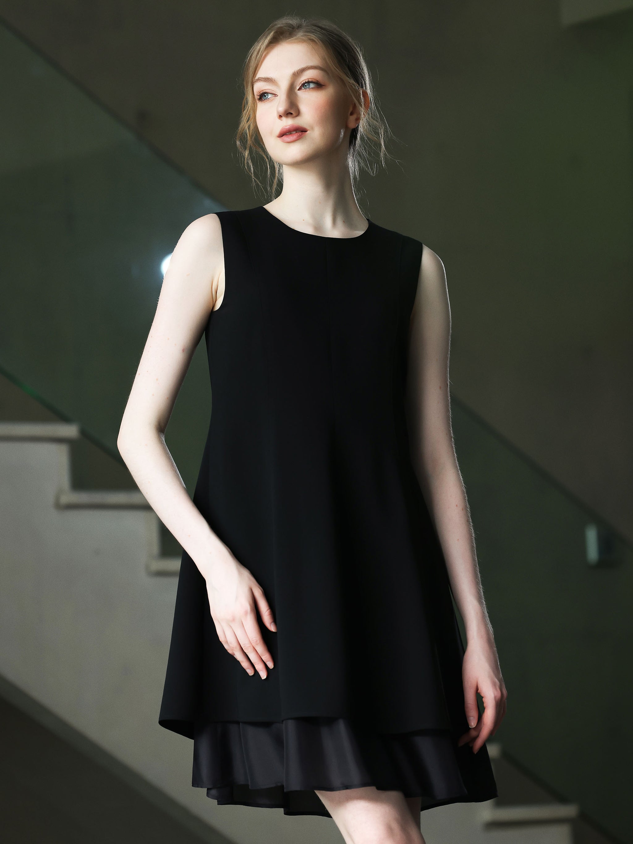SLEEVELESS KNEE LENGTH BLACK DRESS W/ DOUBLE CHIFFON LAYER| Women's Designer Clothing Australia | IDA+S SLEEVELESS KNEE LENGTH BLACK DRESS W/ DOUBLE CHIFFON LAYER| Women's Designer Clothing Australia | IDA+S