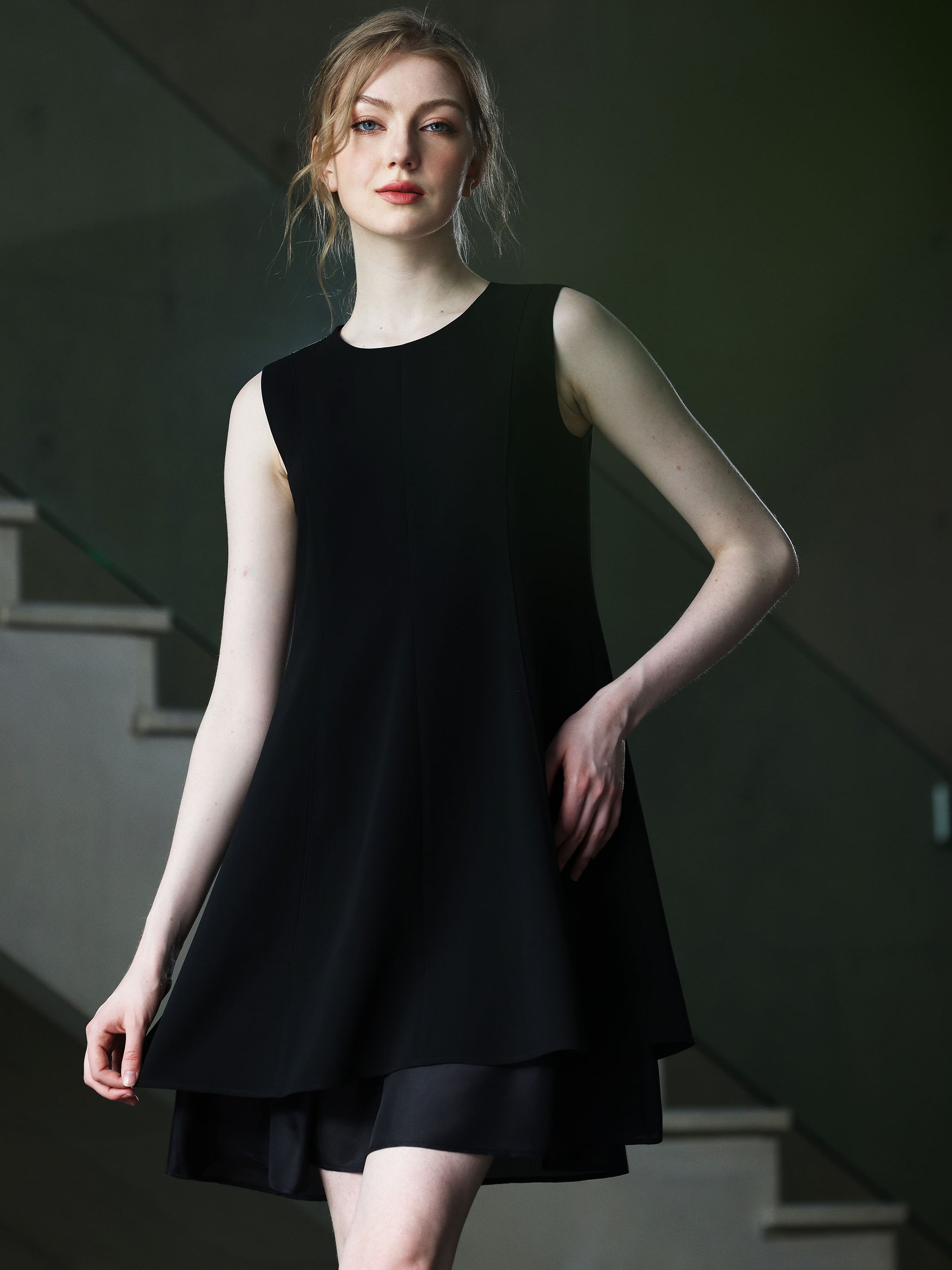 SLEEVELESS KNEE LENGTH BLACK DRESS W/ DOUBLE CHIFFON LAYER| Women's Designer Clothing Australia | IDA+S SLEEVELESS KNEE LENGTH BLACK DRESS W/ DOUBLE CHIFFON LAYER| Women's Designer Clothing Australia | IDA+S