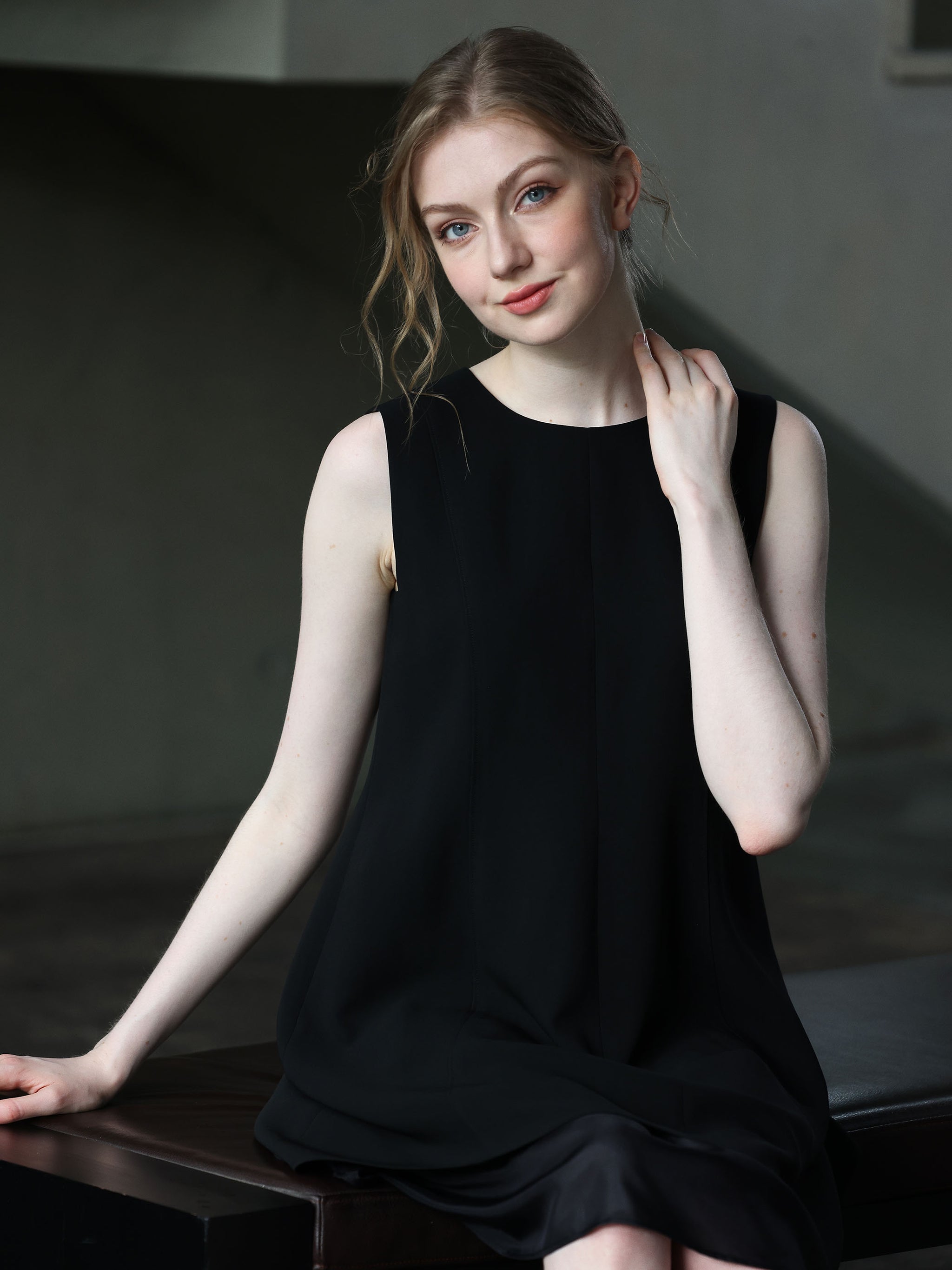 SLEEVELESS KNEE LENGTH BLACK DRESS W/ DOUBLE CHIFFON LAYER| Women's Designer Clothing Australia | IDA+S SLEEVELESS KNEE LENGTH BLACK DRESS W/ DOUBLE CHIFFON LAYER| Women's Designer Clothing Australia | IDA+S