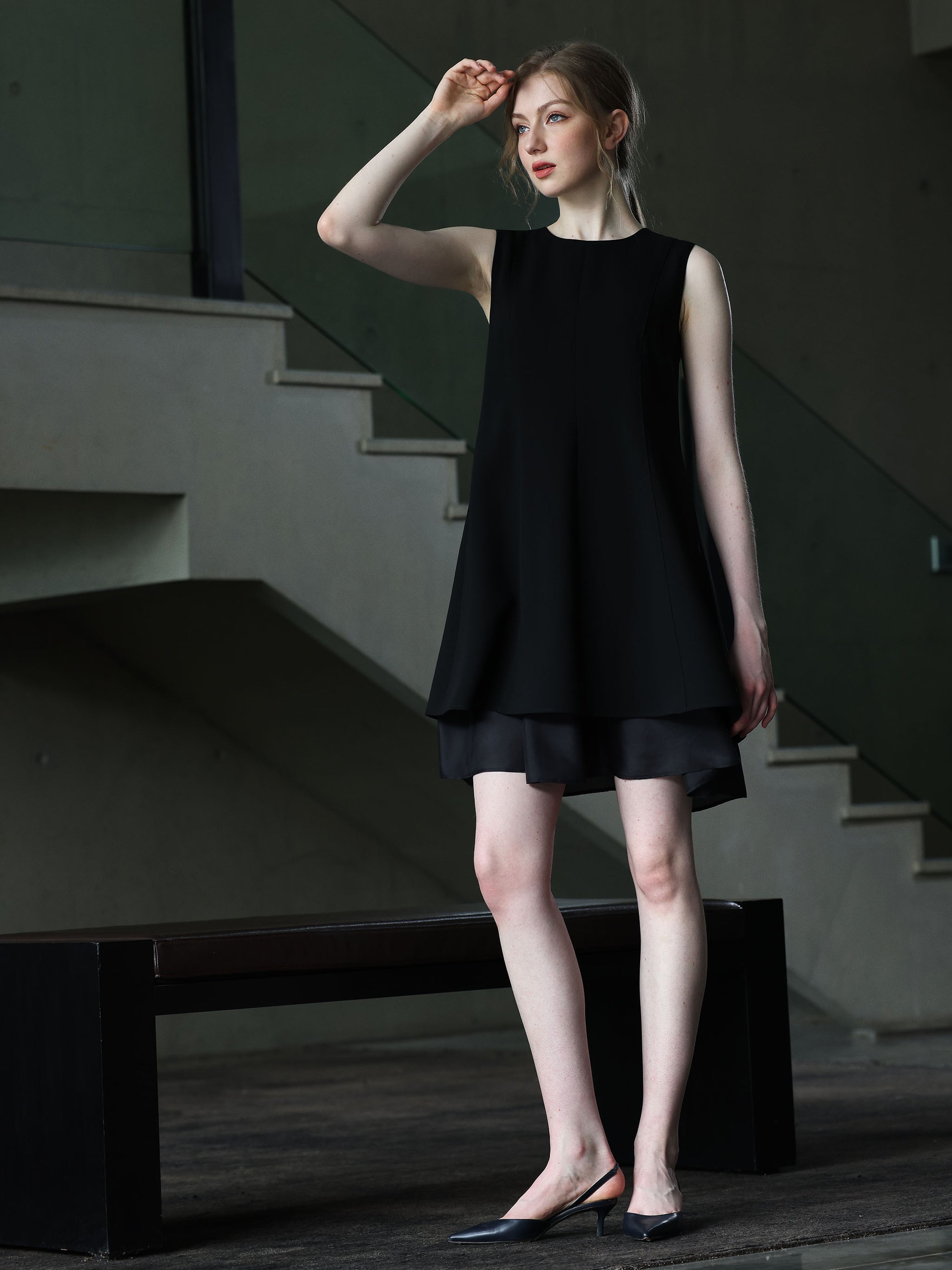 SLEEVELESS KNEE LENGTH BLACK DRESS W/ DOUBLE CHIFFON LAYER| Women's Designer Clothing Australia | IDA+S SLEEVELESS KNEE LENGTH BLACK DRESS W/ DOUBLE CHIFFON LAYER| Women's Designer Clothing Australia | IDA+S