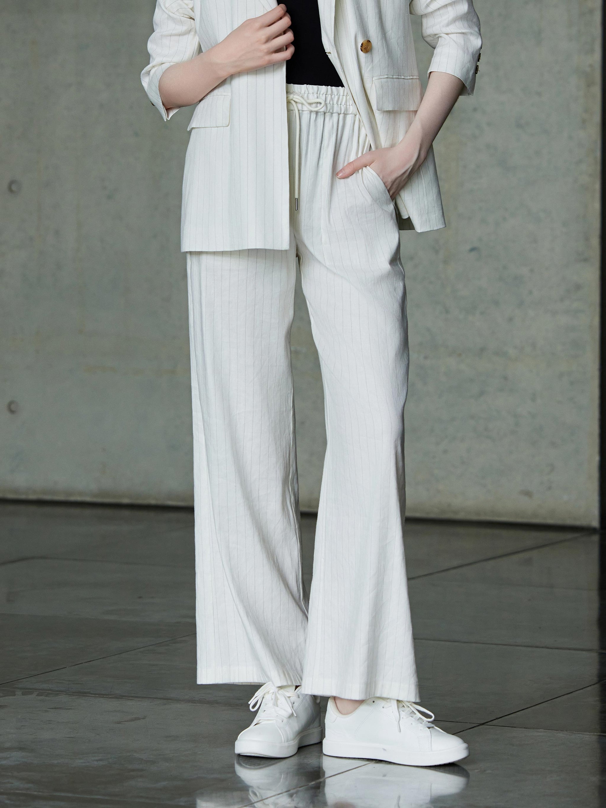 PINSTRIPED LINEN ELASTIC WAIST SUIT PANTS| Women's Designer Clothing Australia | IDA+S PINSTRIPED LINEN ELASTIC WAIST SUIT PANTS| Women's Designer Clothing Australia | IDA+S